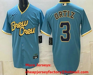 Men's Milwaukee Brewers #3 Joey Ortiz Blue 2026 City Connect Stadium Stitched Jersey