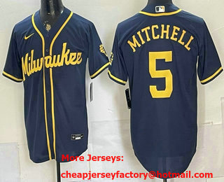 Men's Milwaukee Brewers #5 Garrett Mitchell Navy Blue Stitched Cool Base Jersey