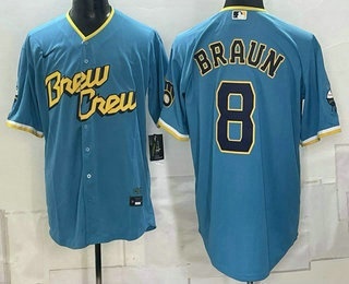 Men's Milwaukee Brewers #8 Ryan Braun Blue 2026 City Connect Stadium Stitched Jersey