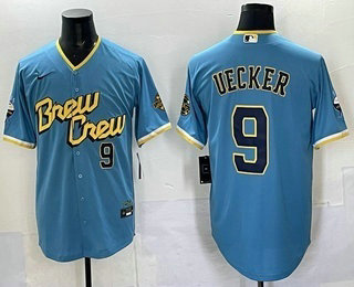 Men's Milwaukee Brewers #9 Bob Uecker Number Blue City Connect Cool Base Stitched Jersey