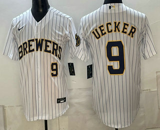 Men's Milwaukee Brewers #9 Bob Uecker White Cool Base Stitched Jersey