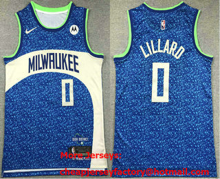 Men's Milwaukee Bucks #0 Damian Lillard Blue 2023 City Icon Sponsor Swingman Jersey