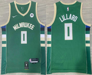 Men's Milwaukee Bucks #0 Damian Lillard Green Icon Sponsor Swingman Stitched Jersey