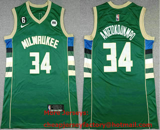 Men's Milwaukee Bucks #34 Giannis Antetokounmpo Green With No 6 Patch 2022 Stitched Jersey With Sponsor