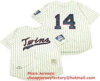 Men's Minnesota Twins #14 Kent Hrbek Retired 1969 Cream Pinstirpe Mitchell & Ness Throwback Jersey