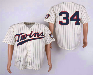 Men's Minnesota Twins #34 Kirby Puckett Retired 1969 Cream Pinstirpe Mitchell & Ness Throwback Jersey