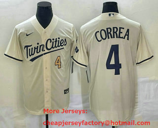 Men's Minnesota Twins #4 Carlos Correa Number Cream 2022 City Connect Cool Base Stitched Jersey