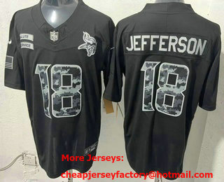 Men's Minnesota Vikings #18 Justin Jefferson Limited Black FUSE 2026 Salute To Service Jersey