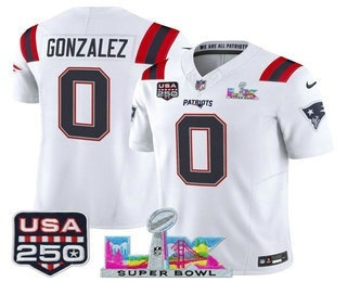 Men's New England Patriots #0 Christian Gonzalez White FUSE Super Bowl LX USA 250 Patch Vapor Limited Jersey