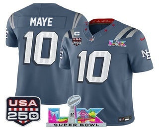 Men's New England Patriots #10 Drake Maye Blue C Patch Super Bowl LX USA 250 Patch Rivalries Vapor Limited Jersey