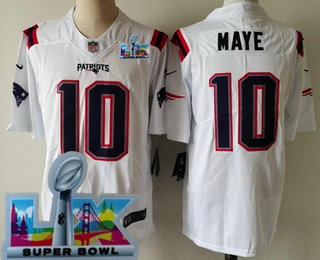 Men's New England Patriots #10 Drake Maye Limited White Super Bowl LX Vapor Jersey