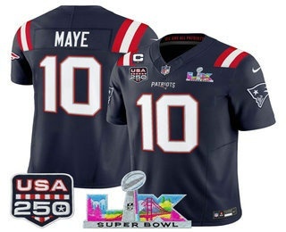 Men's New England Patriots #10 Drake Maye Navy C Patch Super Bowl LX USA 250 Patch Vapor Limited Jersey