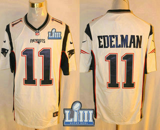 Men's New England Patriots #11 Julian Edelman White 2019 Super Bowl LIII Patch Retired Player NFL Nike Game Jersey