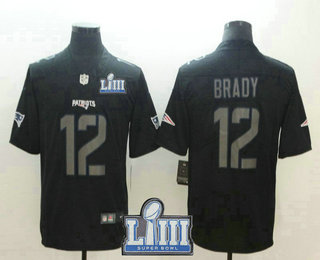 Men's New England Patriots #12 Tom Brady Black 2019 Super Bowl LIII Patch Fashion Impact Black Color Rush Stitched NFL Nike Limited Jersey