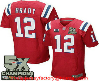 Men's New England Patriots #12 Tom Brady Red C Patch Five Super Bowl Champs 5X Champions Stitched NFL Nike Elite Jersey