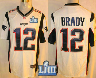 Men's New England Patriots #12 Tom Brady White 2019 Super Bowl LIII Patch Road NFL Nike Game Jersey