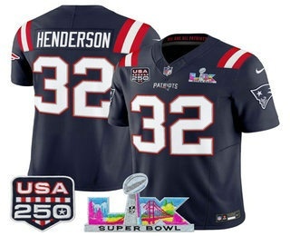 Men's New England Patriots #32 TreVeyon Henderson Navy  FUSE Super Bowl LX USA 250 Patch Vapor Limited Jersey
