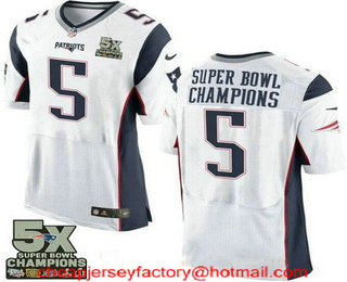 Men's New England Patriots #5 Super Bowl Champions White 5X Patch Stitched NFL Nike Elite Jersey