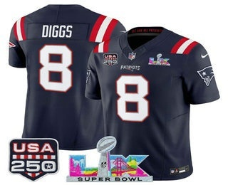 Men's New England Patriots #8 Stefon Diggs Navy FUSE Super Bowl LX USA 250 Patch Vapor Limited Jersey