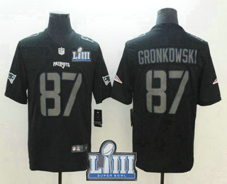 Men's New England Patriots #87 Rob Gronkowski Black 2019 Super Bowl LIII Patch Fashion Impact Black Color Rush Stitched NFL Nike Limited Jersey