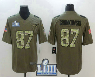 Men's New England Patriots #87 Rob Gronkowski Olive With Camo 2019 Super Bowl LIII Patch Salute To Service Stitched NFL Nike Limited Jersey