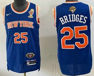 Men's New York Knicks #25 Mikal Bridges Blue 2026 Finals Champions Patch Statement Edition Stitched Jersey