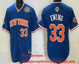 Men's New Yok Knicks #33 Patrick Ewing Blue 2026 Finals Champions Patch Stitched Baseball Jersey