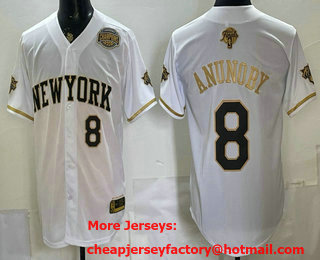 Men's New Yok Knicks #8 OG Anunoby White Gold 2026 Finals Champions Patch Stitched Baseball Jersey