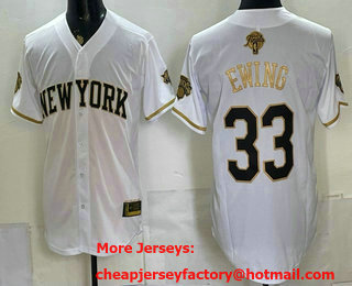 Men's New York Knicks #33 Patrick Ewing White Gold 2026 Finals Eastern Conference Champions Patch Stitched Baseball Jersey