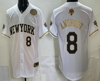 Men's New York Knicks #8 OG Anunoby White Gold 2026 Finals Champions Patch Stitched Baseball Jersey