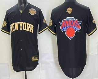 Men's New York Knicks Team Big Logo Black Gold 2026 Finals Champions Patch Stitched Baseball Jersey