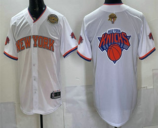 Men's New York Knicks Team Big Logo White 2026 Finals Champions Patch Stitched Baseball Jersey