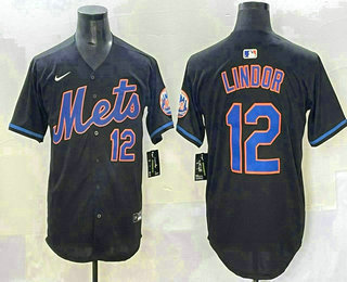 Men's New York Mets #12 Francisco Lindor Black Limited Stitched Jersey