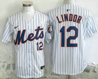 Men's New York Mets #12 Francisco Lindor White Pinstripe Limited Stitched Jersey