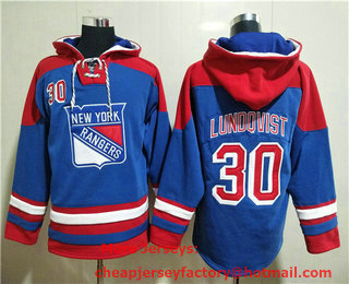Men's New York Rangers #30 Henrik Lundqvist Blue Ageless Must Have Lace Up Pullover Hoodie