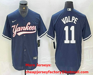 Men's New York Yankees #11 Anthony Volpe Navy Cool Base Stitched Baseball Jersey 01