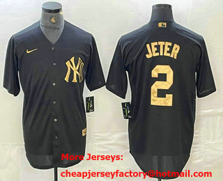 Men's New York Yankees #2 Derek Jeter Black Gold Cool Base Stitched Jersey