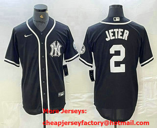 Men's New York Yankees #2 Derek Jeter Black White Cool Base Stitched Jersey