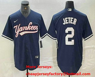 Men's New York Yankees #2 Derek Jeter Navy Cool Base Stitched Baseball Jersey 03