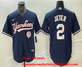 Men's New York Yankees #2 Derek Jeter Navy With Patch Cool Base Stitched Baseball Jersey 01
