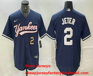Men's New York Yankees #2 Derek Jeter Number Navy Cool Base Stitched Baseball Jersey 01
