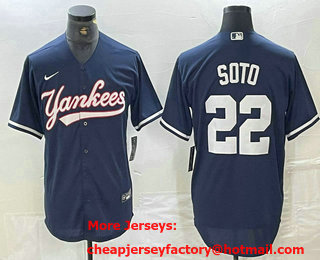 Men's New York Yankees #22 Juan Soto Navy Cool Base Stitched Baseball Jersey 01