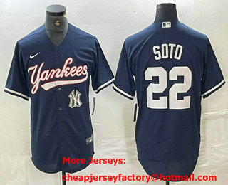 Men's New York Yankees #22 Juan Soto Navy With Patch Cool Base Stitched Baseball Jersey 02