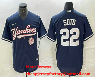 Men's New York Yankees #22 Juan Soto Navy With Patch Cool Base Stitched Baseball Jersey 03