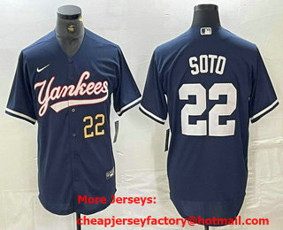 Men's New York Yankees #22 Juan Soto Number Navy Cool Base Stitched Baseball Jersey 01