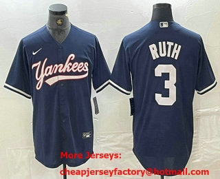 Men's New York Yankees #3 Babe Ruth Navy Cool Base Stitched Baseball Jersey 02