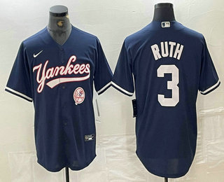 Men's New York Yankees #3 Babe Ruth Navy With Patch Cool Base Stitched Baseball Jersey 01
