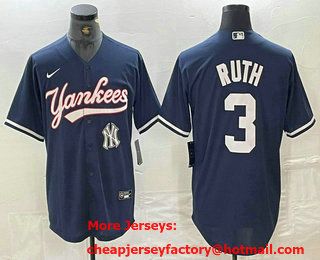 Men's New York Yankees #3 Babe Ruth Navy With Patch Cool Base Stitched Baseball Jersey 03