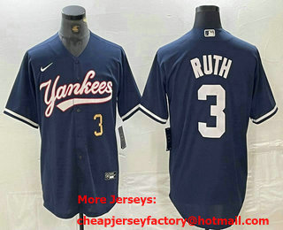Men's New York Yankees #3 Babe Ruth Number Navy Cool Base Stitched Baseball Jersey 01