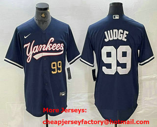Men's New York Yankees #99 Aaron Judge Number Navy Cool Base Stitched Baseball Jersey 01
